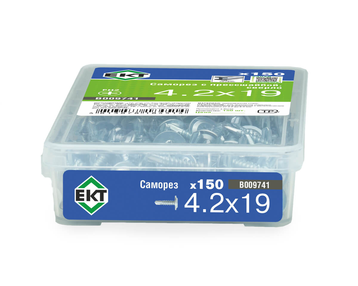 Саморез с прессшайбой, 4.2x19 сверло, цинк,в пласт.контейнере, ЕКТ (упак/150шт)