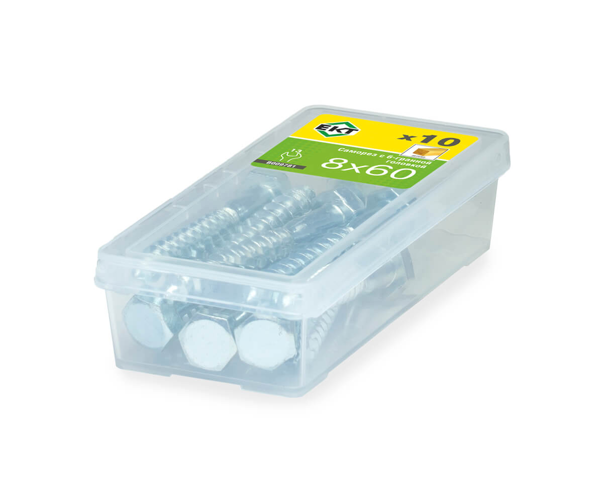 Саморез с 6-гранной головкой, 8.0x60 острый, цинк, ЕКТ (упак/10шт)