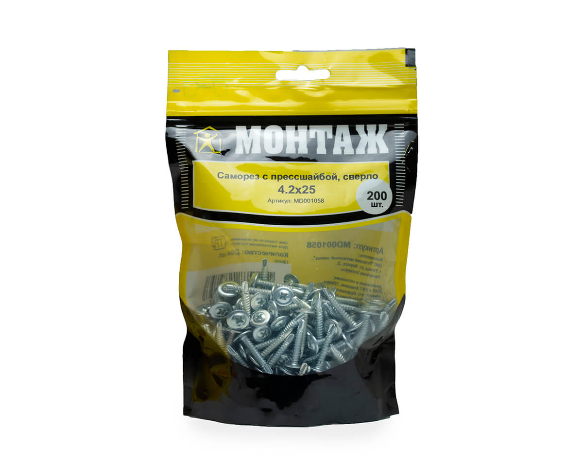 Саморез с прессшайбой 4.2x25, сверло, цинк, дой-пак M, МОНТАЖ (пакет/200шт)