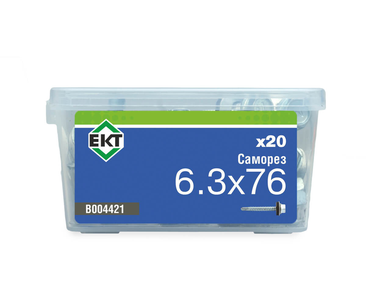 Саморез кровельный 6,3х76 сверло, цинк, с резиновой прокладкой, в пласт. контейнере (упак/20шт)