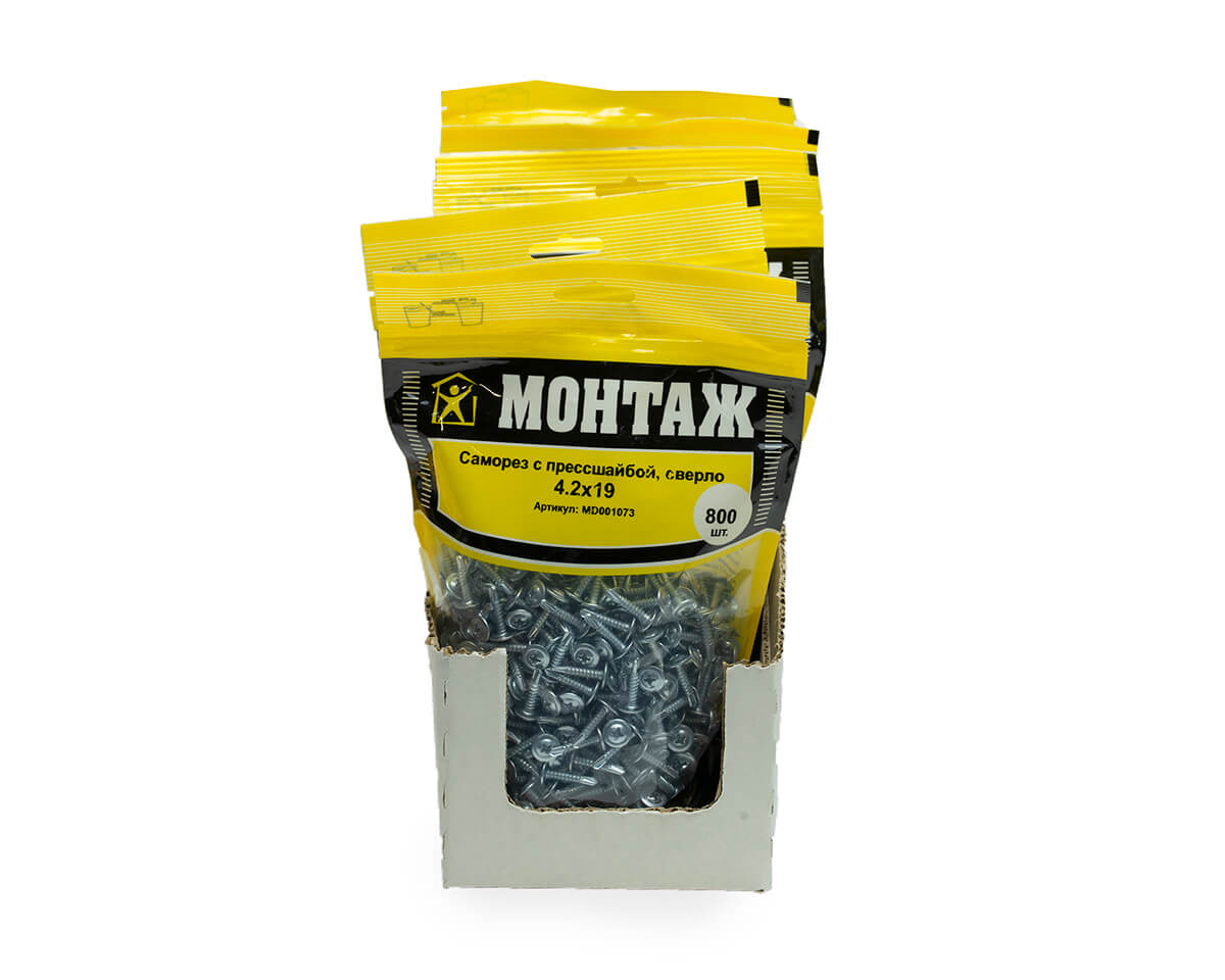 Саморез с прессшайбой 4.2x19, сверло, цинк, дой-пак L, МОНТАЖ (пакет/800шт)