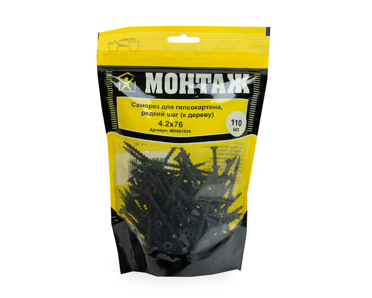Саморез для гипсокартона 4.2x76, редкий шаг (к дереву), фосфат, дой-пак L, МОНТАЖ (пакет/110шт)