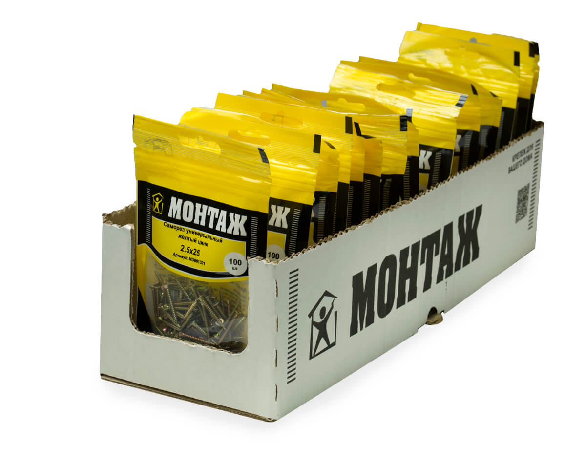 Саморез универсальный 2.5x25, желтый цинк, дой-пак S, МОНТАЖ (пакет/100шт)