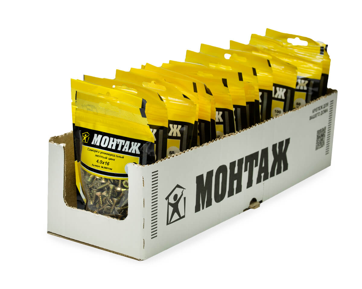 Саморез универсальный 4.0x16, желтый цинк, дой-пак S, МОНТАЖ (пакет/350шт)