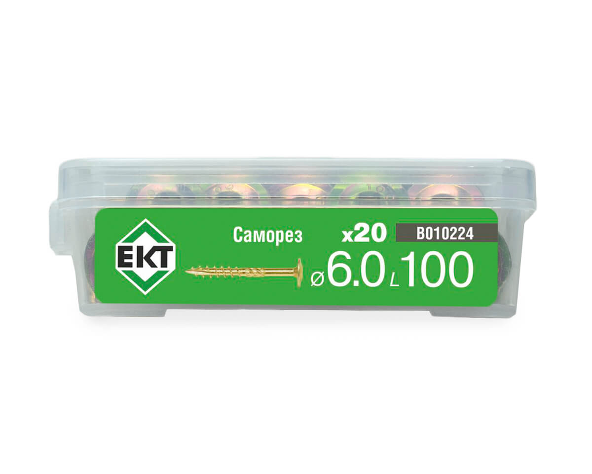 Саморез конструкционный 6.0x100, прессшайба, желтый цинк, ЕКТ (пласт.конт./20шт)