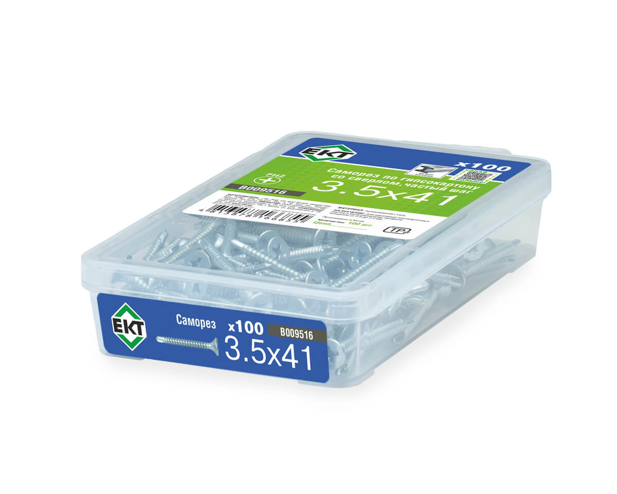 Саморез по ГК со сверлом 3.5х41, частый шаг (к металлу), цинк, в пласт. контейнере, ЕКТ (упак/100шт)