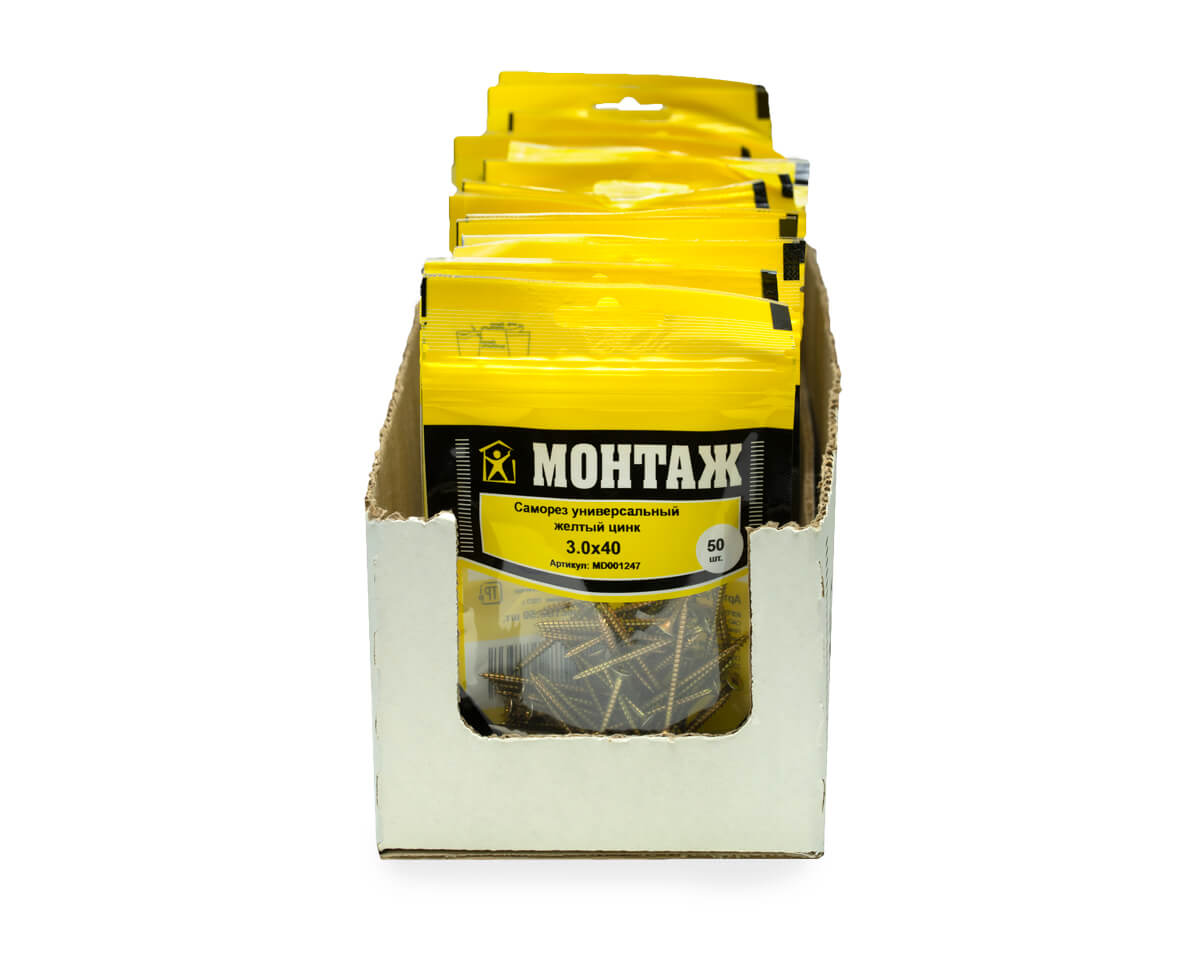 Саморез универсальный 3.0x40, желтый цинк, дой-пак S, МОНТАЖ (пакет/50шт)