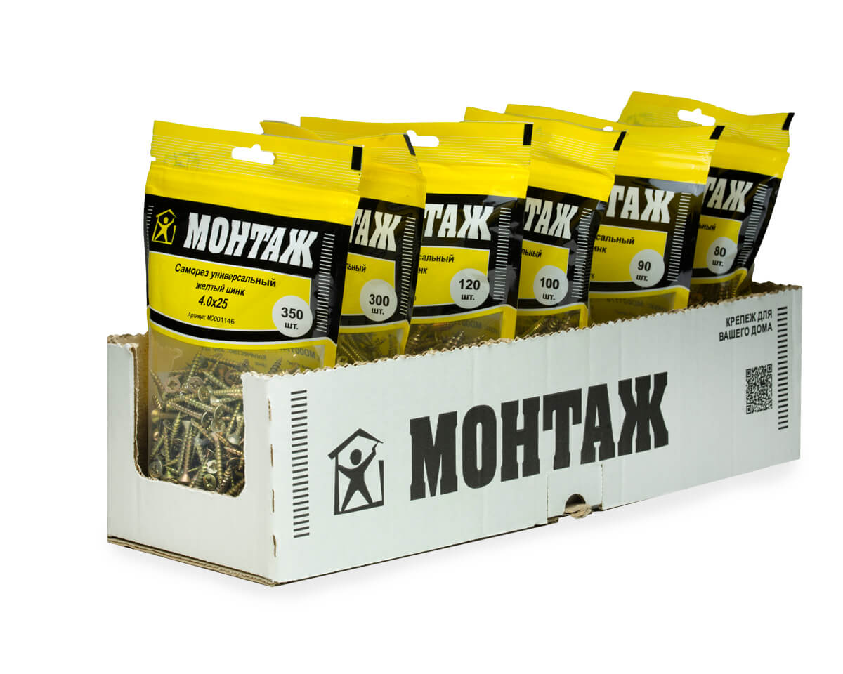 Саморез универсальный 4.0x25, желтый цинк, дой-пак M, МОНТАЖ (пакет/350шт)