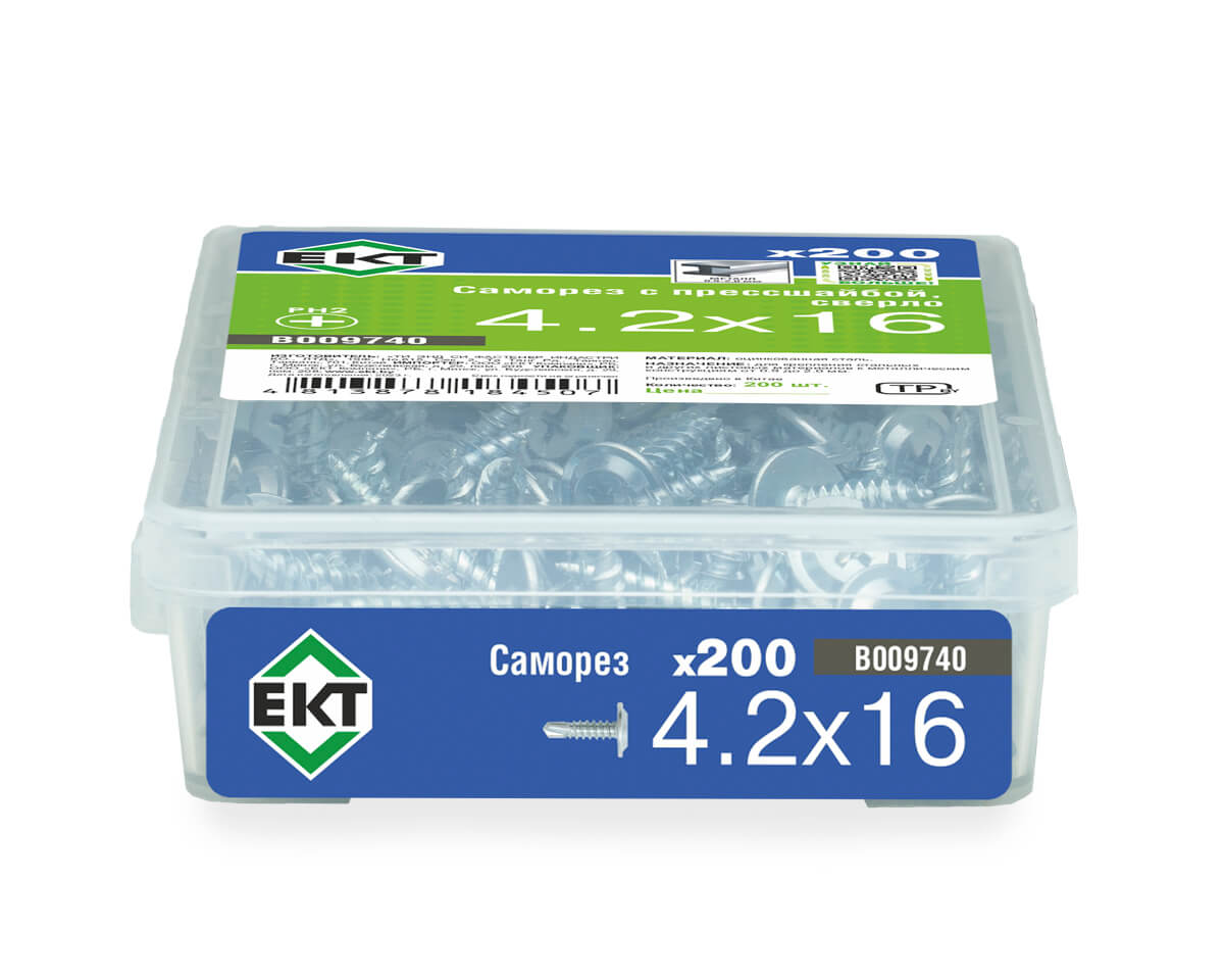 Саморез с прессшайбой, 4.2x16 сверло, цинк,в пласт.контейнере, ЕКТ (упак/200шт)
