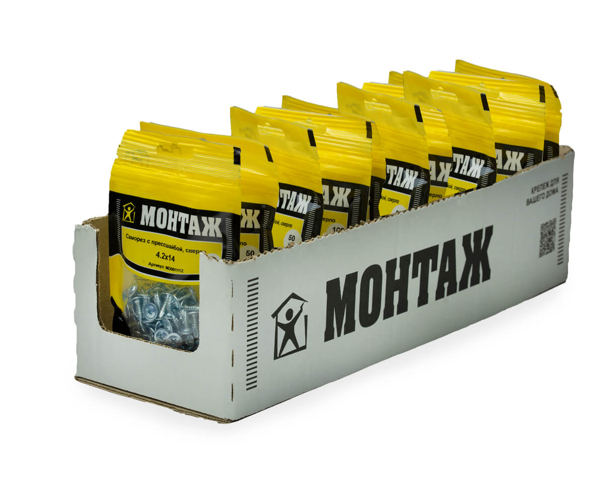 Саморез с прессшайбой 4.2x14, сверло, цинк, дой-пак S, МОНТАЖ (пакет/100шт)