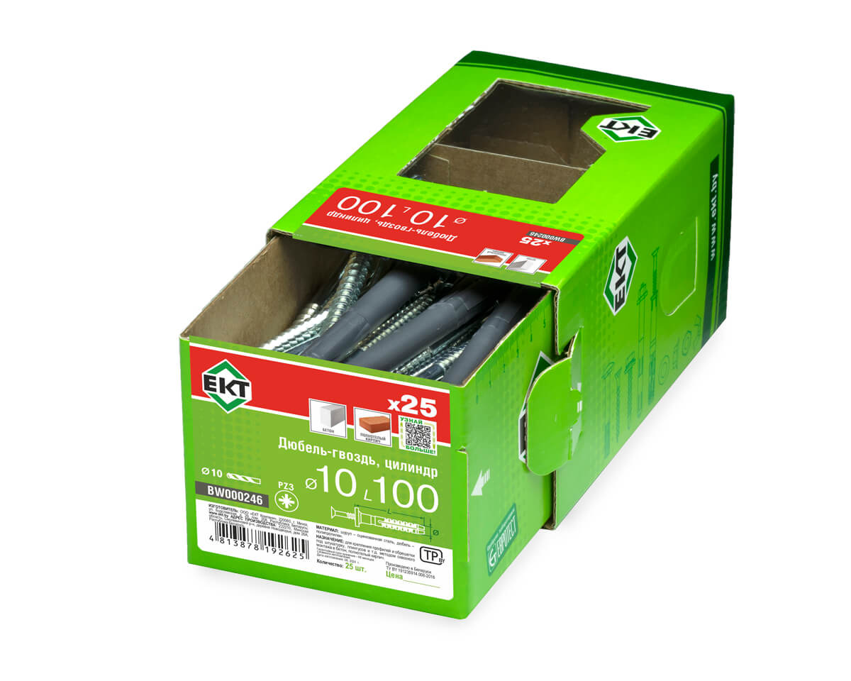 Дюбель-гвоздь GL, 10x100 цилиндр, п/п, ЕКТ (кор. с окном/25шт)
