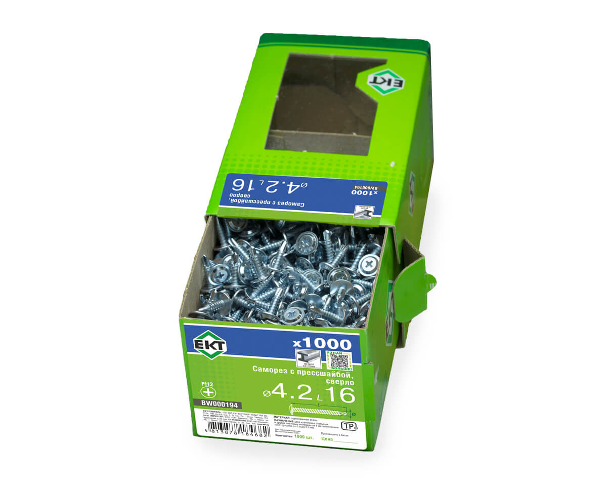 Саморез с прессшайбой, 4.2x16 сверло, цинк, в коробке с окном, ЕКТ (упак/1.000шт)