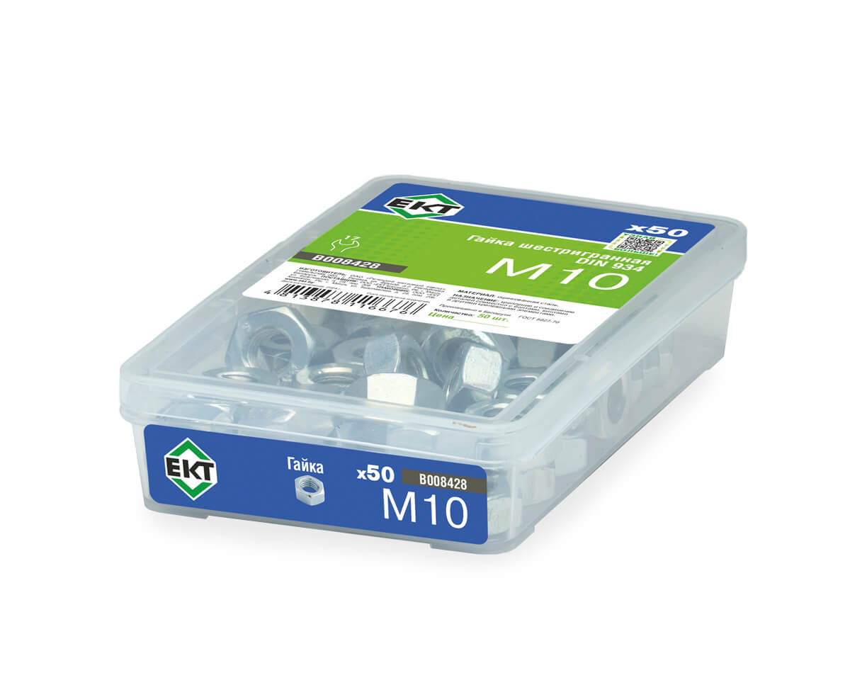 Гайка М10, цинк, прочн. 6 DIN 934 в пласт. контейнере (упак/50шт)