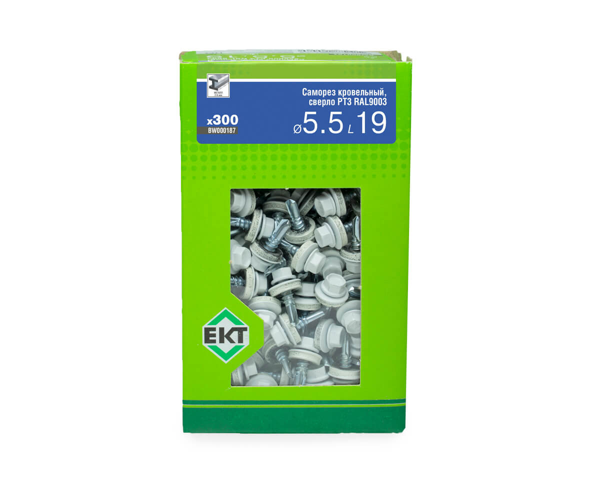 Саморез кровельный с резин. прокл. 5.5x19, сверло PT3, RAL9003, в коробке с окном, ЕКТ (упак/300шт)