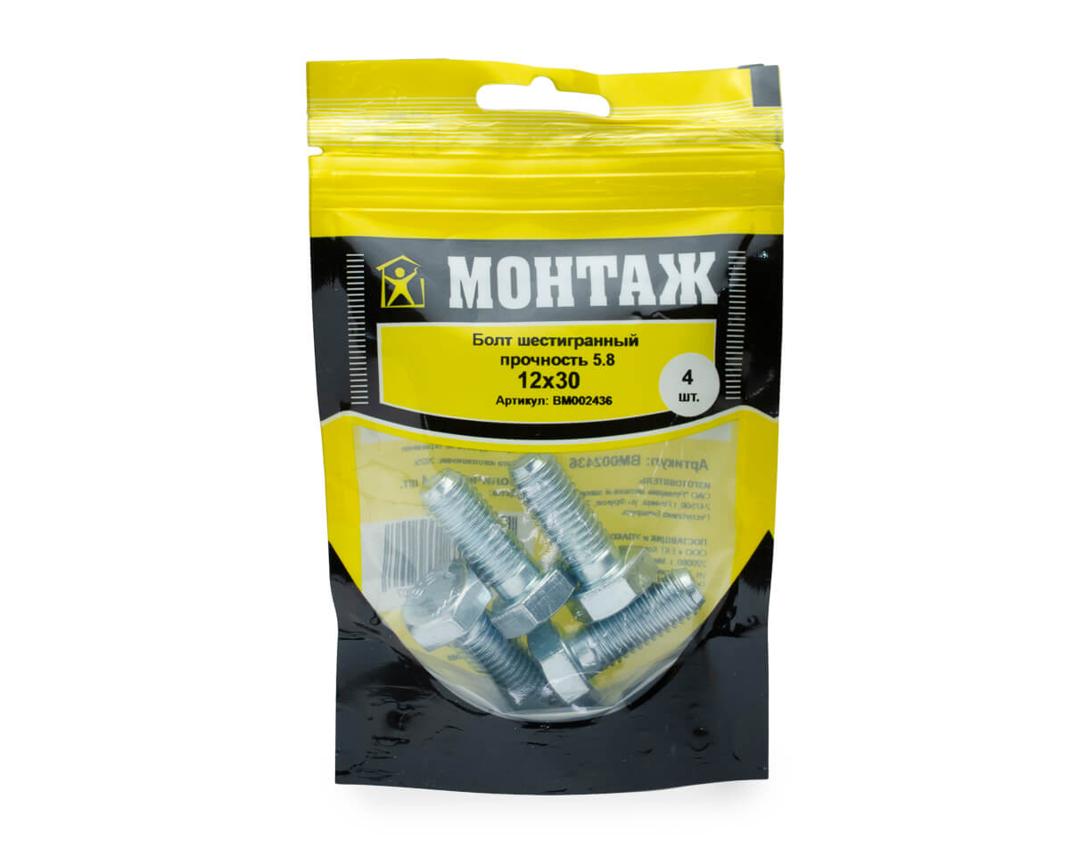 Болт с шестигр. головкой М12х30/30, DIN933/ГОСТ 7798-70,кл.5.8,цинк МОНТАЖ (пакет/4шт)