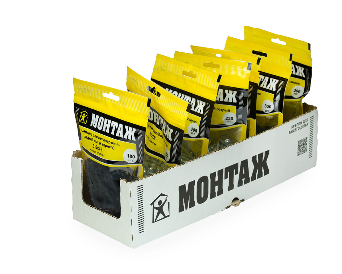 Саморез для гипсокартона 3.5x45, редкий шаг (к дереву), фосфат, дой-пак M, МОНТАЖ (пакет/180шт)