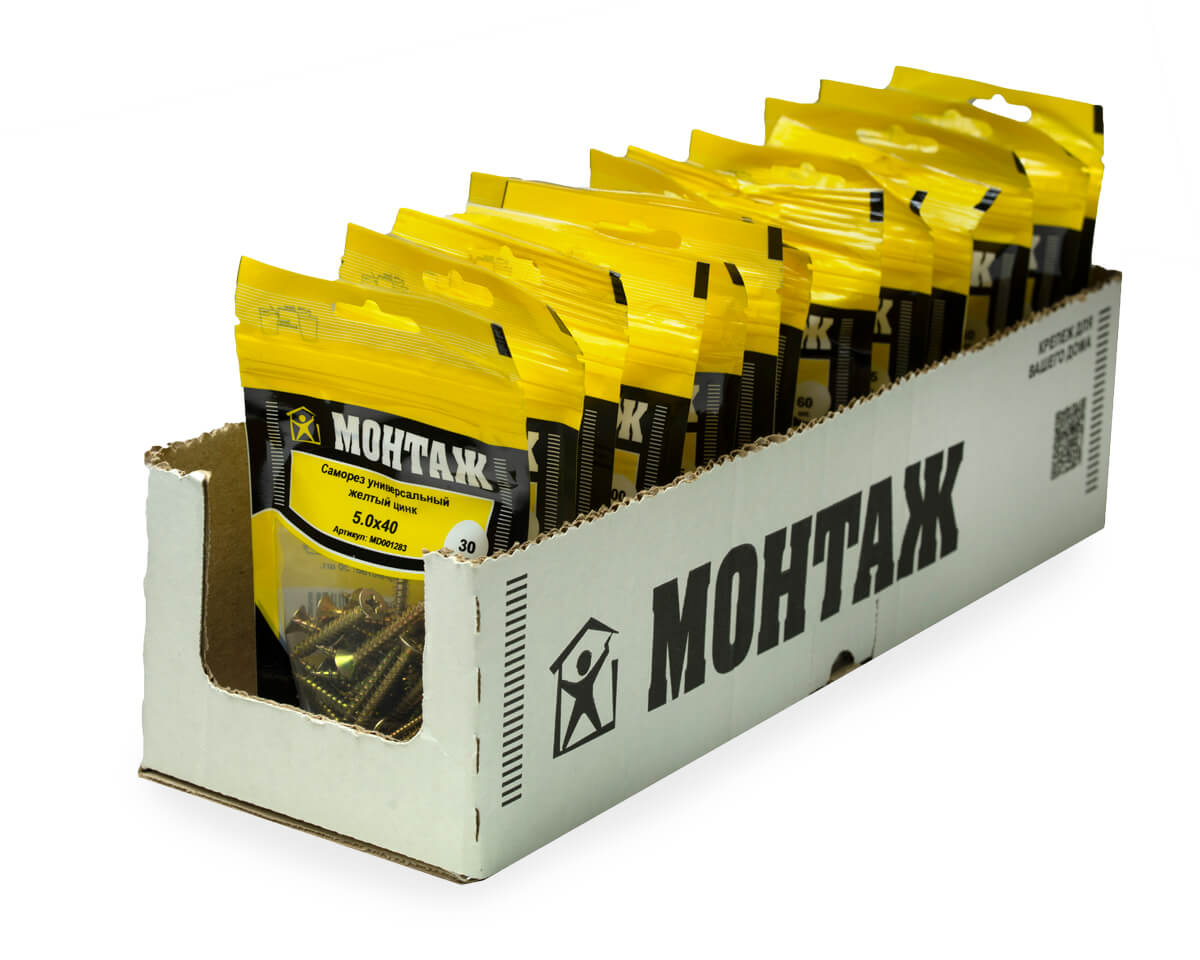 Саморез универсальный 5.0x40, желтый цинк, дой-пак S, МОНТАЖ (пакет/30шт)