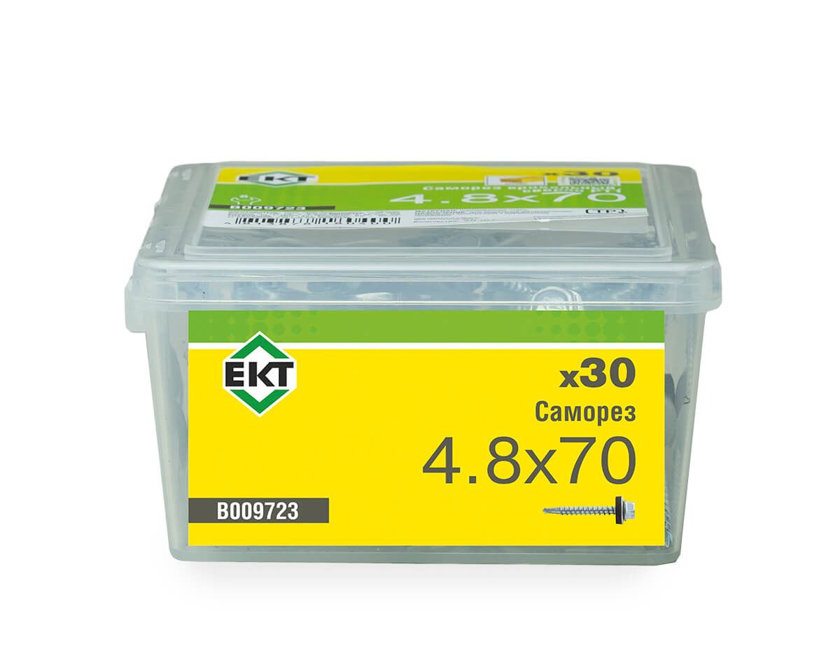 Саморез кровельный с резин. прокл. 4.8x70, сверло PT1, в пласт. контейнере, ЕКТ (упак/30шт)