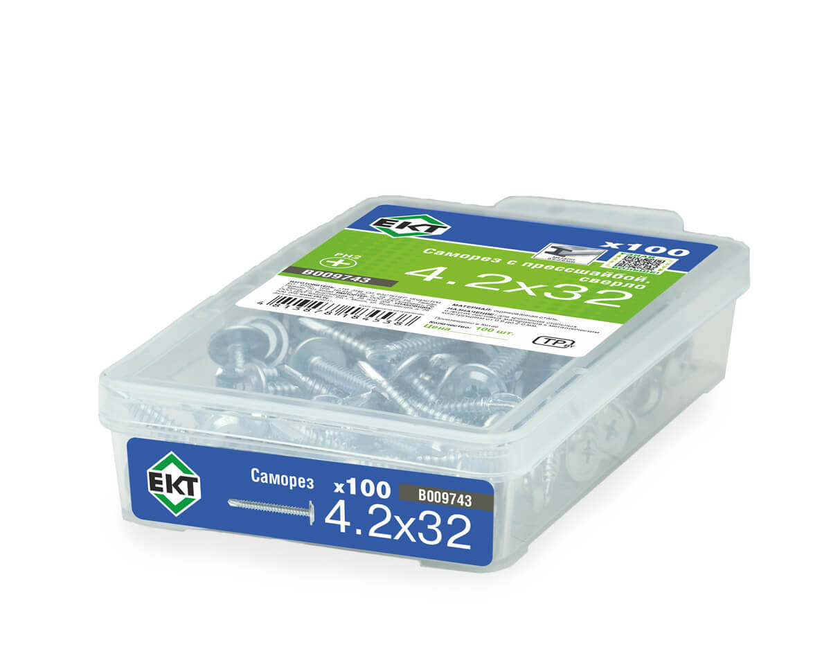 Саморез с прессшайбой, 4.2x32 сверло, цинк,в пласт.контейнере, ЕКТ (упак/100шт)