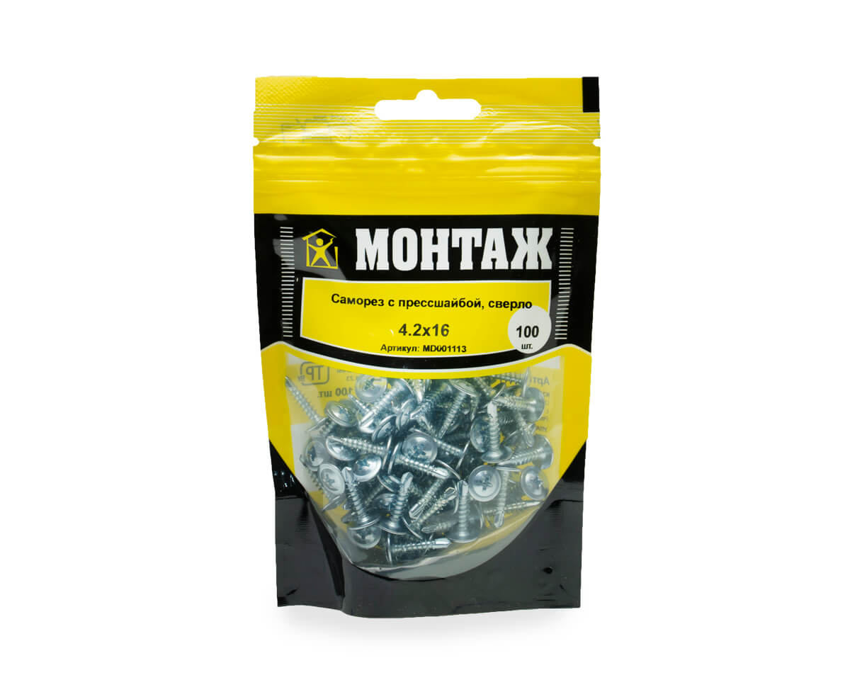 Саморез с прессшайбой 4.2x16, сверло, цинк, дой-пак S, МОНТАЖ (пакет/100шт)