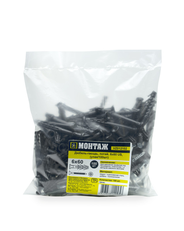 Дюбель-гвоздь US, 6x60 потай, п/в, МОНТАЖ (пакет/100шт)