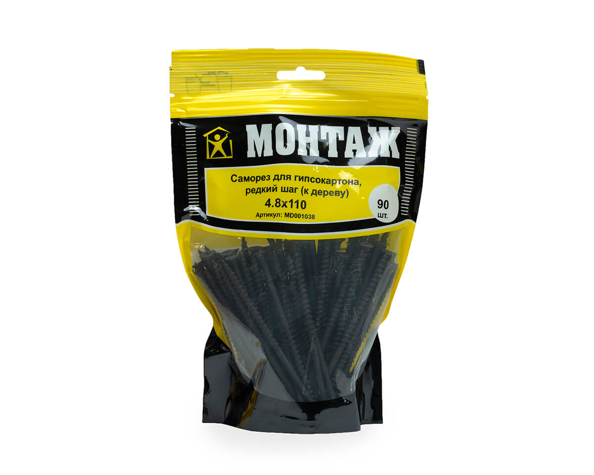Саморез для гипсокартона 4.8x110, редкий шаг (к дереву), фосфат, дой-пак L, МОНТАЖ (пакет/90шт)