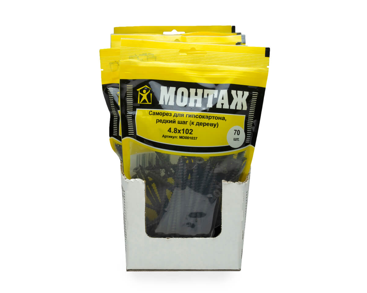 Саморез для гипсокартона 4.8x102, редкий шаг (к дереву), фосфат, дой-пак L, МОНТАЖ (пакет/70шт)