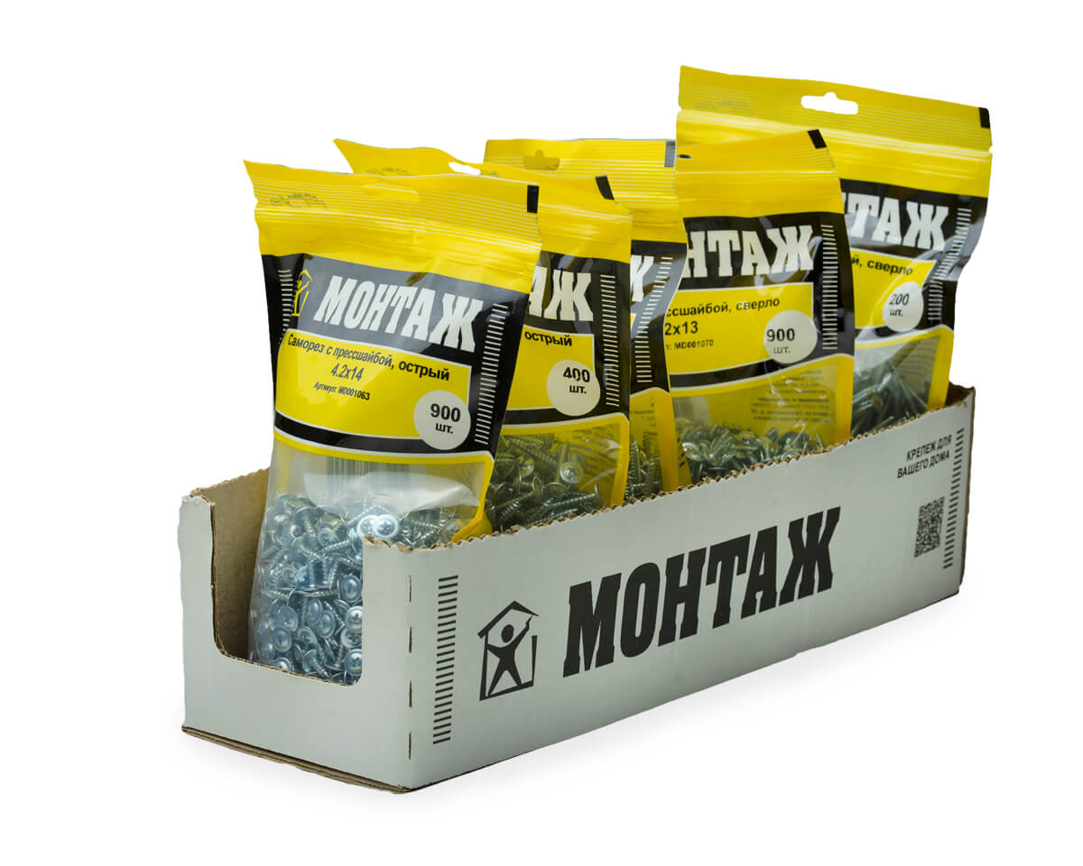 Саморез с прессшайбой 4.2x14, острый, цинк, дой-пак L, МОНТАЖ (пакет/900шт)