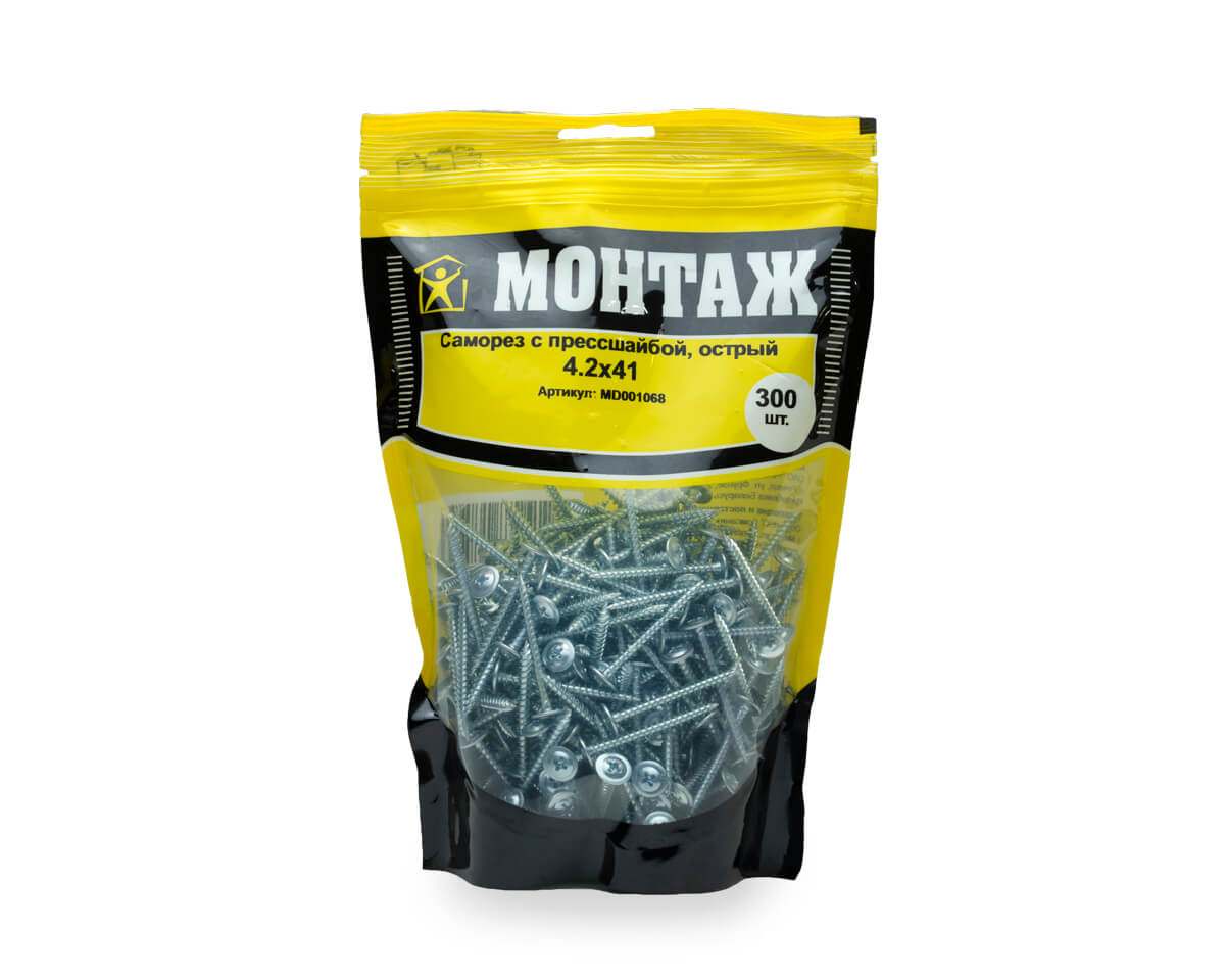 Саморез с прессшайбой 4.2x41, острый, цинк, дой-пак L, МОНТАЖ (пакет/300шт)