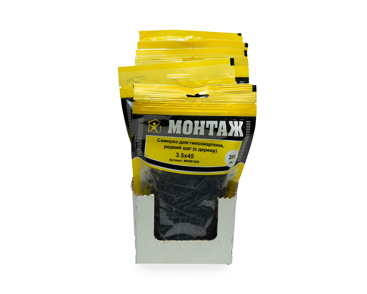 Саморез для гипсокартона 3.5x45, редкий шаг (к дереву), фосфат, дой-пак L, МОНТАЖ (пакет/350шт)