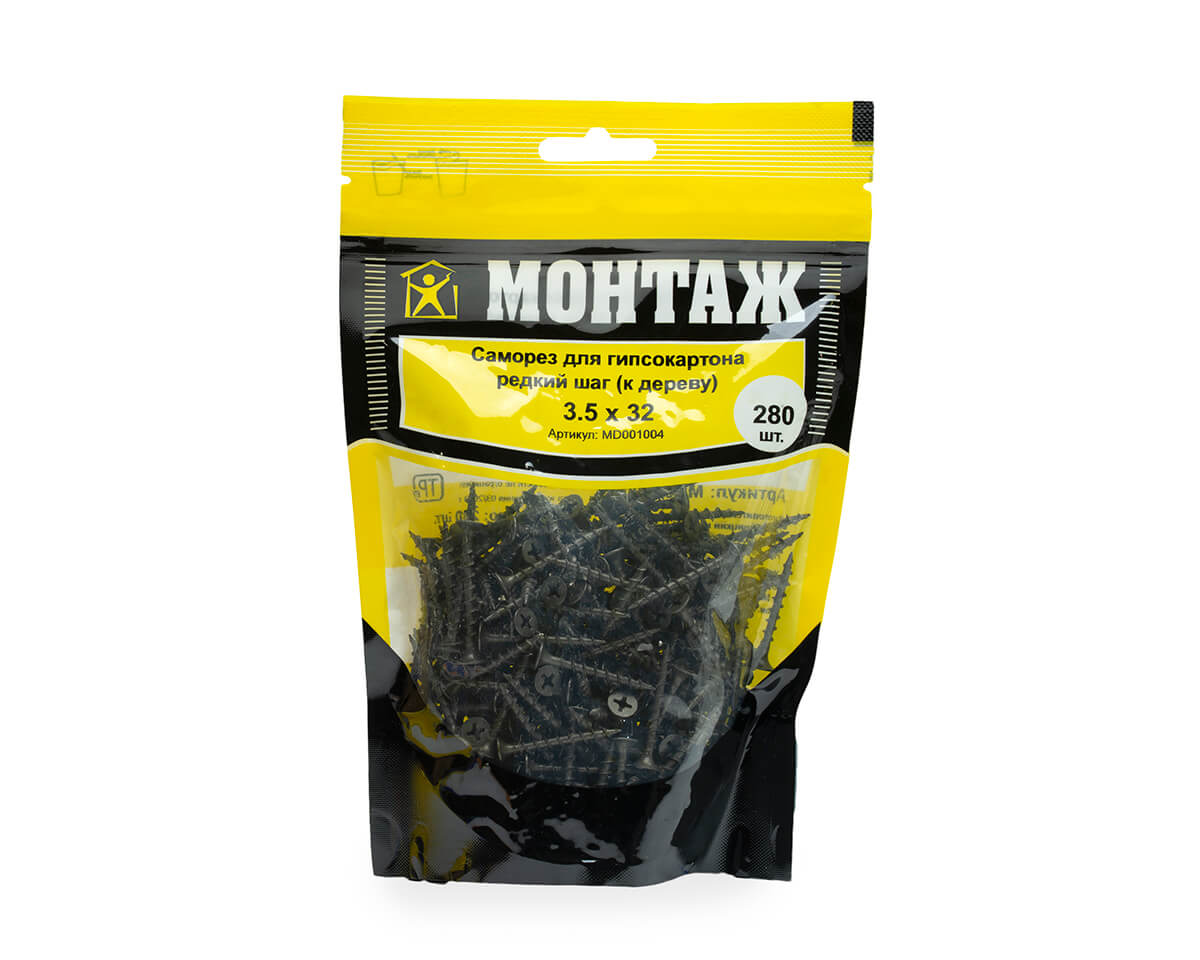 Саморез для гипсокартона 3.5x32, редкий шаг (к дереву), фосфат, дой-пак M, МОНТАЖ (пакет/280шт)