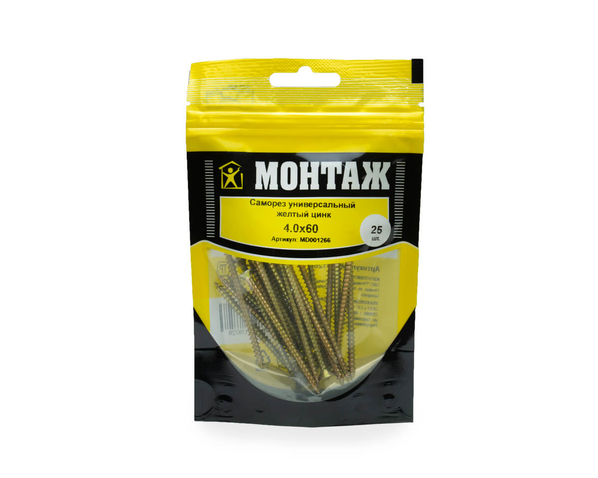 Саморез универсальный 4.0x60, желтый цинк, дой-пак S, МОНТАЖ (пакет/25шт)