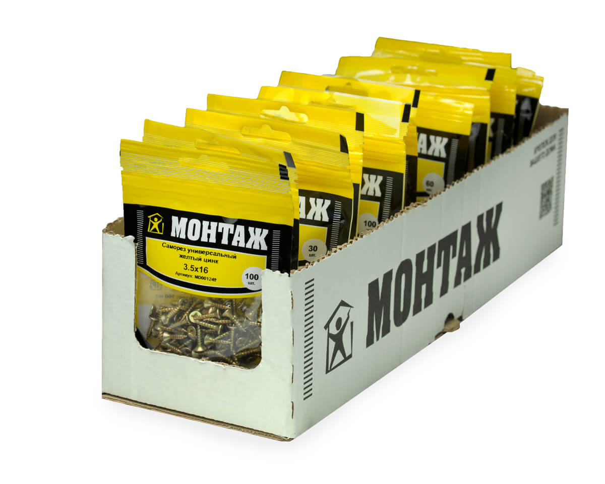 Саморез универсальный 3.5x16, желтый цинк, дой-пак S, МОНТАЖ (пакет/100шт)