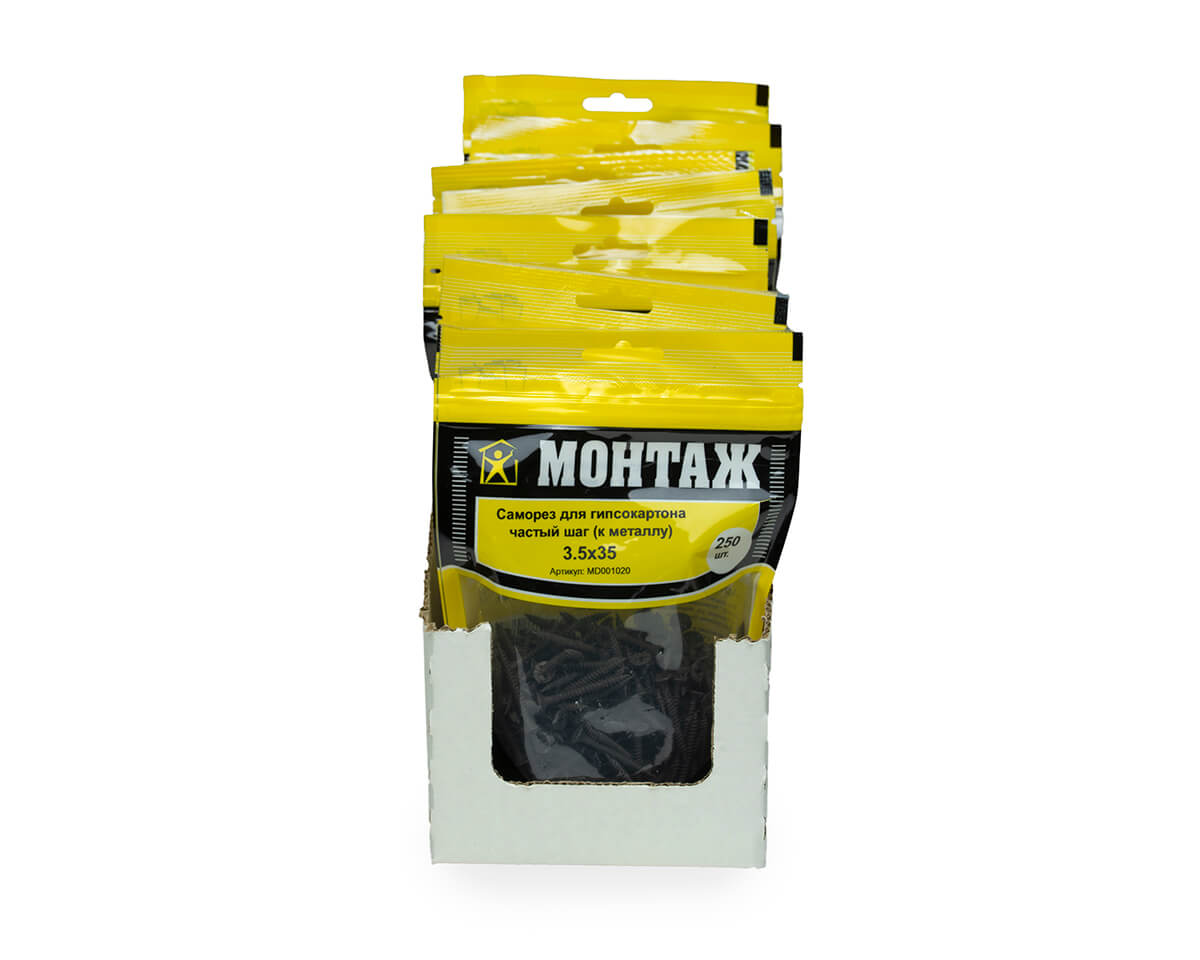 Саморез для гипсокартона 3.5x35, частый шаг (к металлу), фосфат, дой-пак M, МОНТАЖ (пакет/250шт)