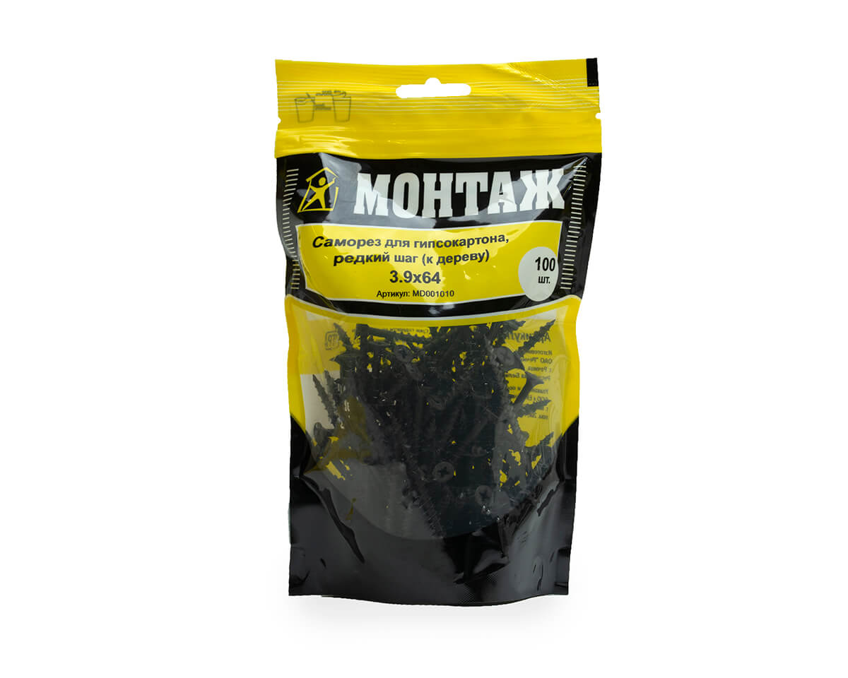 Саморез для гипсокартона 3.9x64, редкий шаг (к дереву), фосфат, дой-пак M, МОНТАЖ (пакет/100шт)