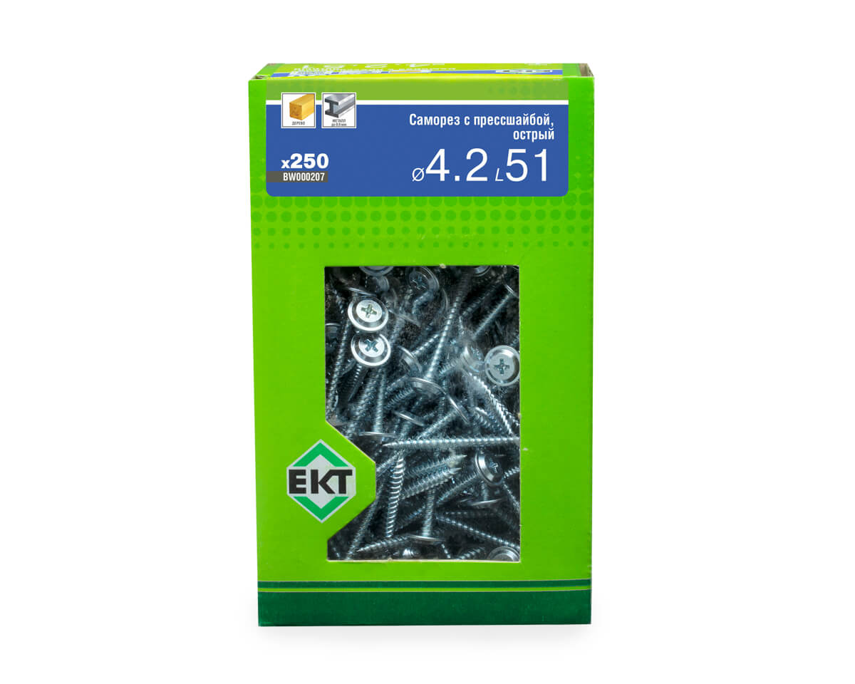 Саморез с прессшайбой, 4.2x51 острый, цинк, в коробке с окном, ЕКТ (упак/250шт)