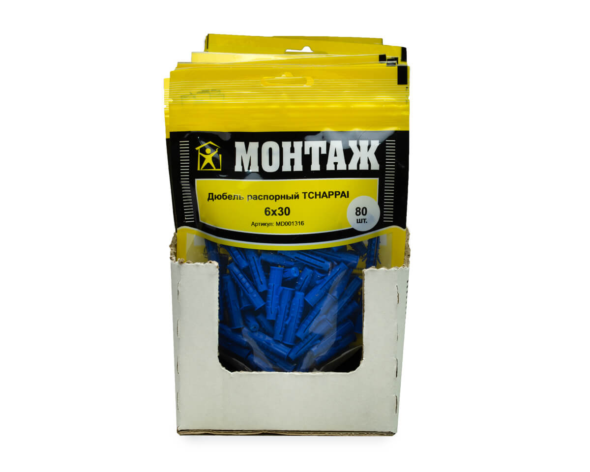 Дюбель распорный 6х30 TCHAPPAI, полипропилен, дой-пак M, МОНТАЖ (пакет/80шт)