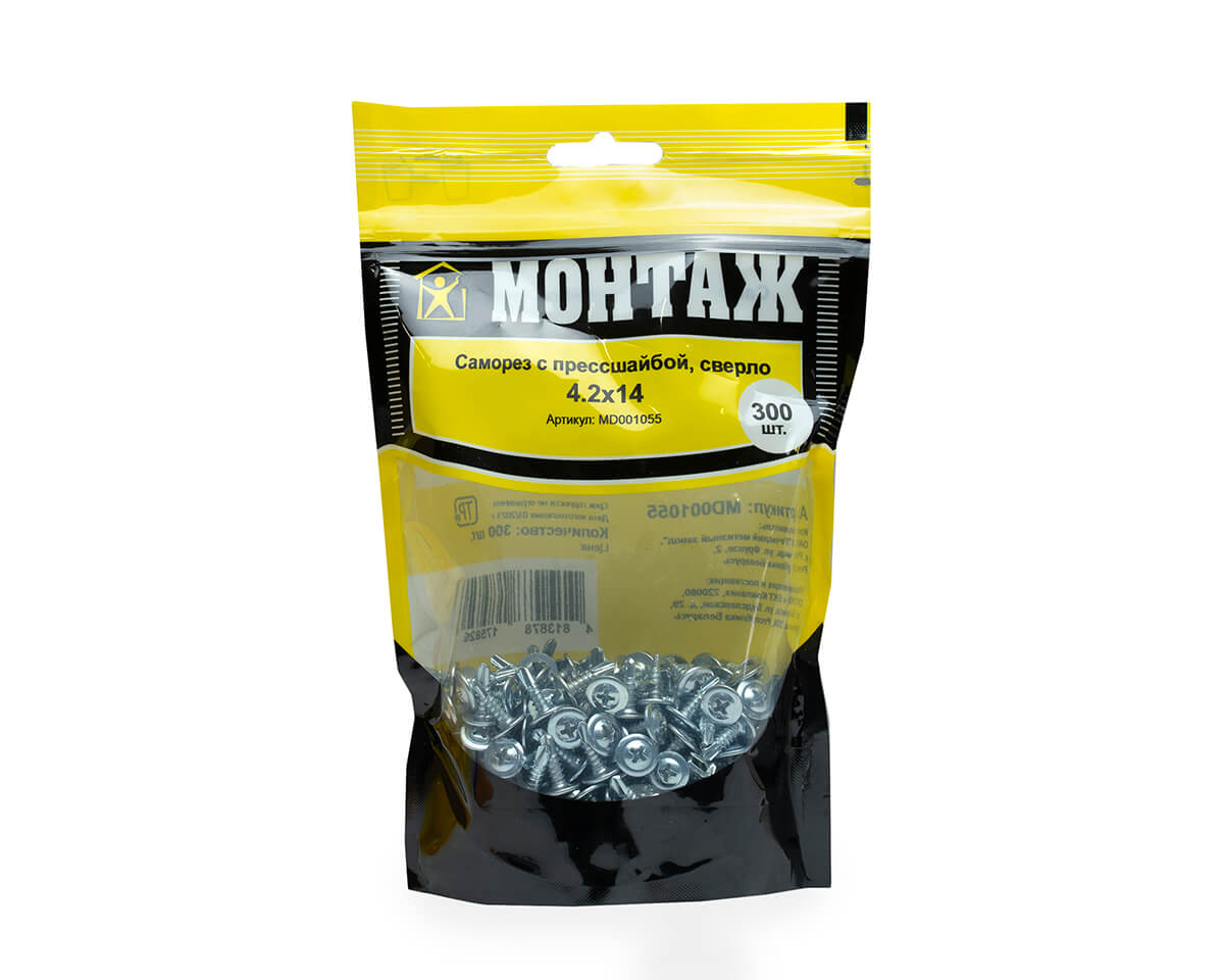 Саморез с прессшайбой 4.2x14, сверло, цинк, дой-пак M, МОНТАЖ (пакет/300шт)