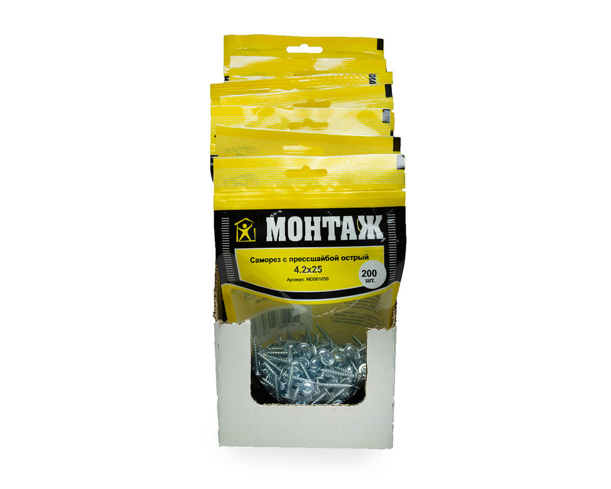 Саморез с прессшайбой 4.2x25, острый, цинк, дой-пак M, МОНТАЖ (пакет/200шт)