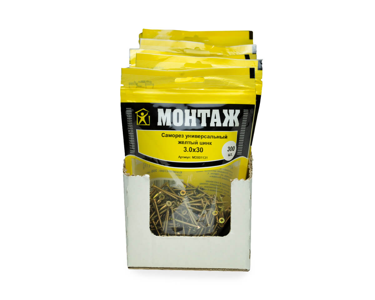 Саморез универсальный 3.0x30, желтый цинк, дой-пак M, МОНТАЖ (пакет/300шт)