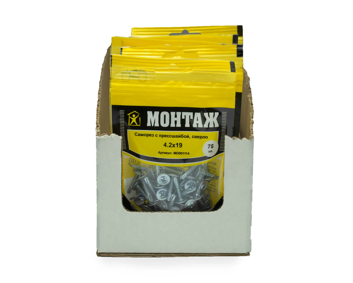 Саморез с прессшайбой 4.2x19, сверло, цинк, дой-пак S, МОНТАЖ (пакет/75шт)
