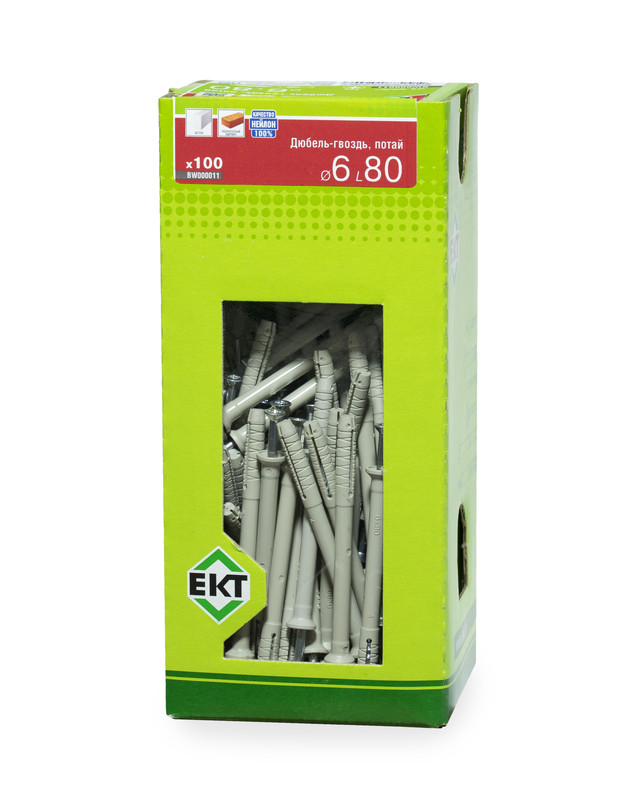 Дюбель-гвоздь GL, 6x80 потай, нейлон, ЕКТ (кор. с окном/100шт)