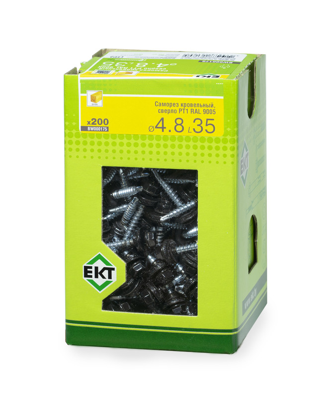 Саморез кровельный с резин. прокл. 4.8х35 сверло PT1, RAL 9005, в коробке с окном, ЕКТ (упак/200шт)