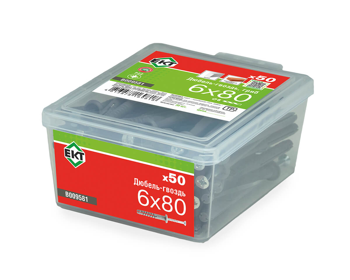 Дюбель-гвоздь GL, 6x80 гриб, п/п, ЕКТ (пласт.конт./50шт)