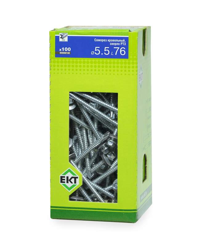 Саморез кровельный с резин. прокл. 5.5х76 сверло PT3, цинк, в коробке с окном, ЕКТ (упак/100шт)