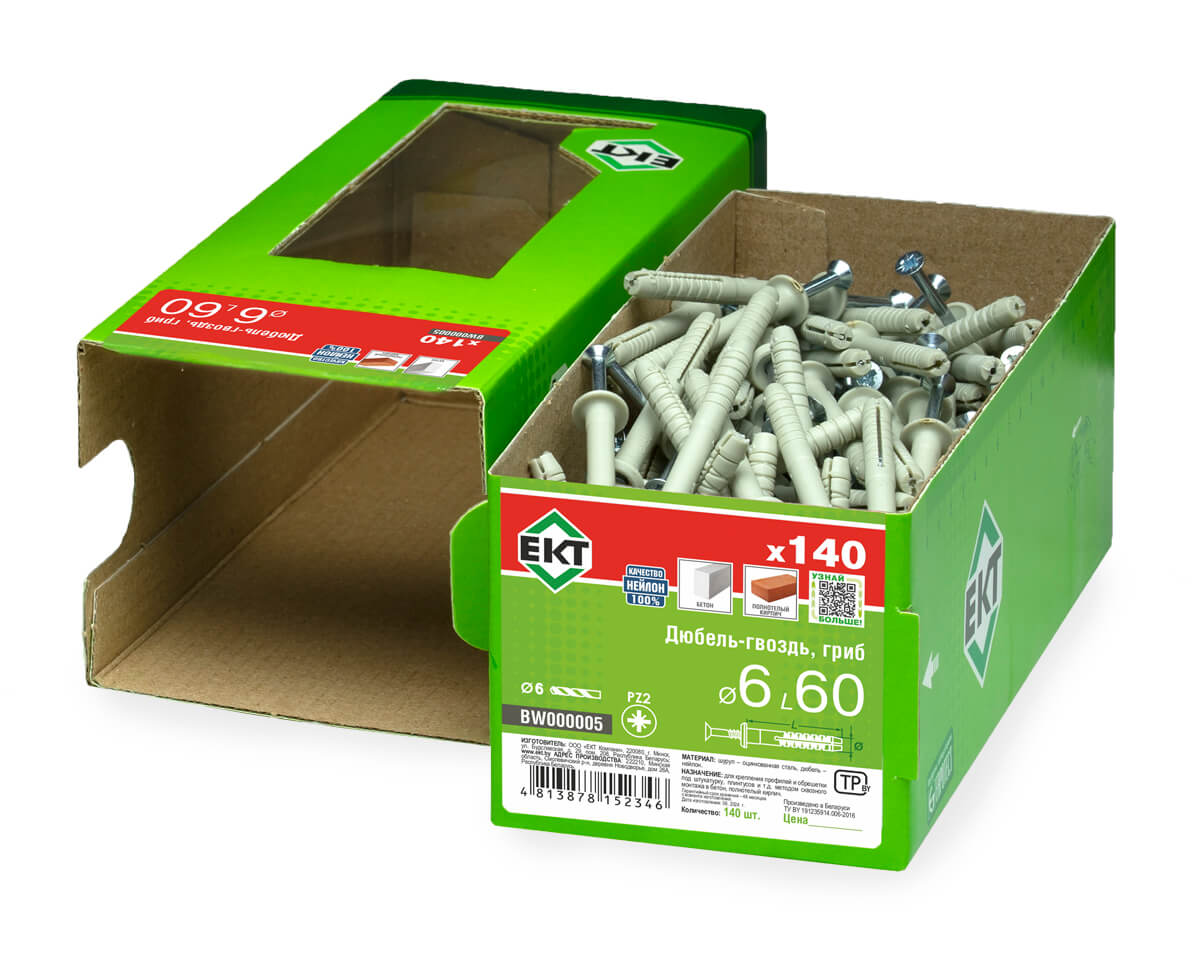 Дюбель-гвоздь GL, 6x60 гриб, нейлон, ЕКТ (кор. с окном/140шт)