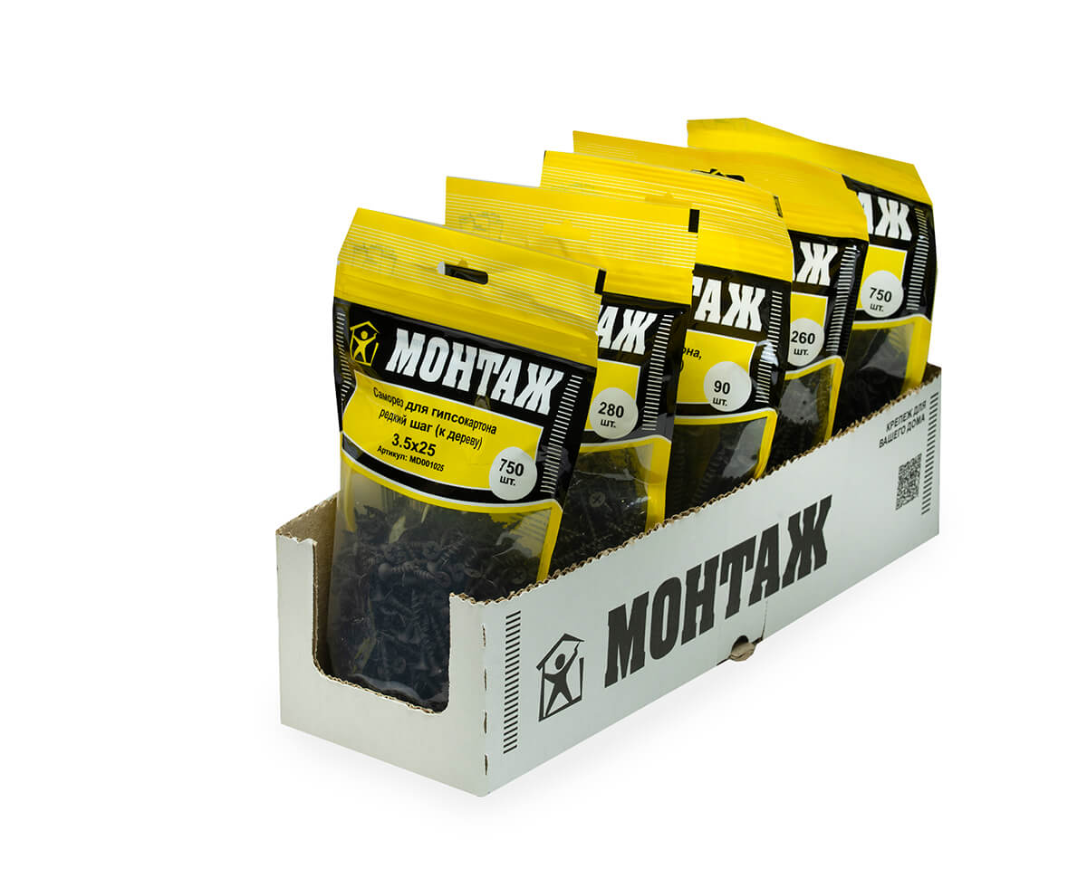 Саморез для гипсокартона 3.5x25, редкий шаг (к дереву), фосфат, дой-пак L, МОНТАЖ (пакет/750шт)
