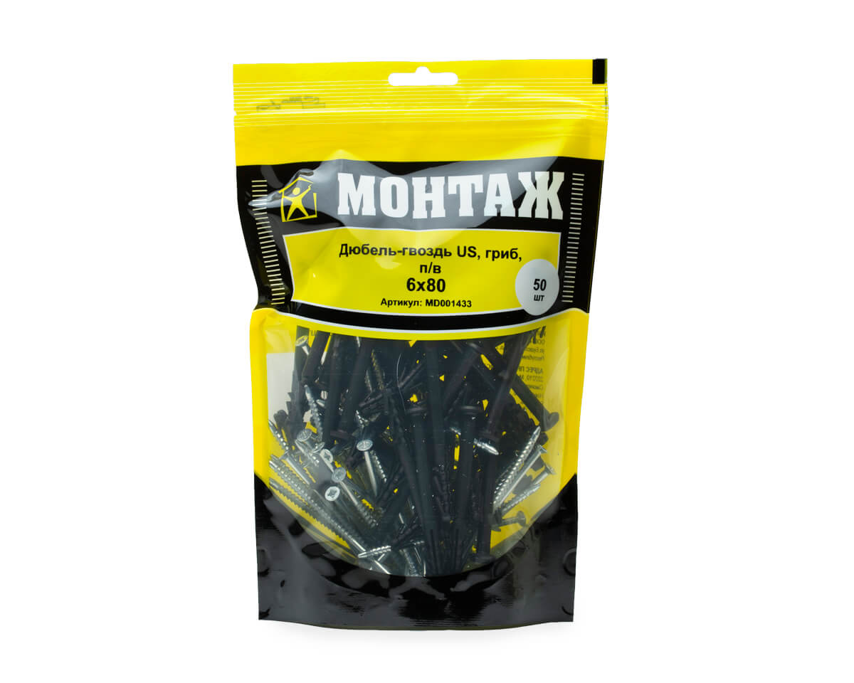 Дюбель-гвоздь US, 6x80 гриб, п/в, МОНТАЖ (дой-пак L/50шт)