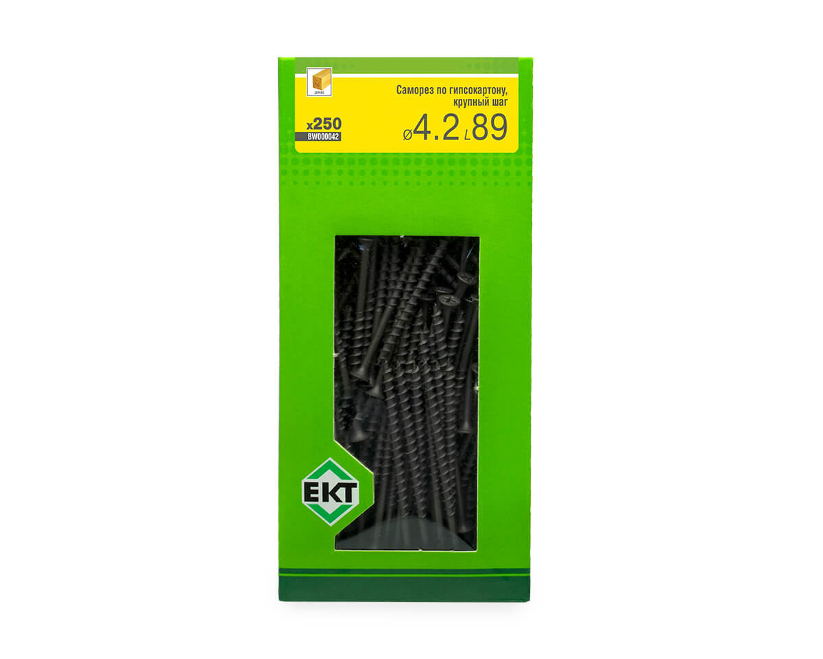 Саморез по ГК 4.2х89 крупный шаг (к дереву), фосфат., в коробке с окном, ЕКТ (упак/250шт)