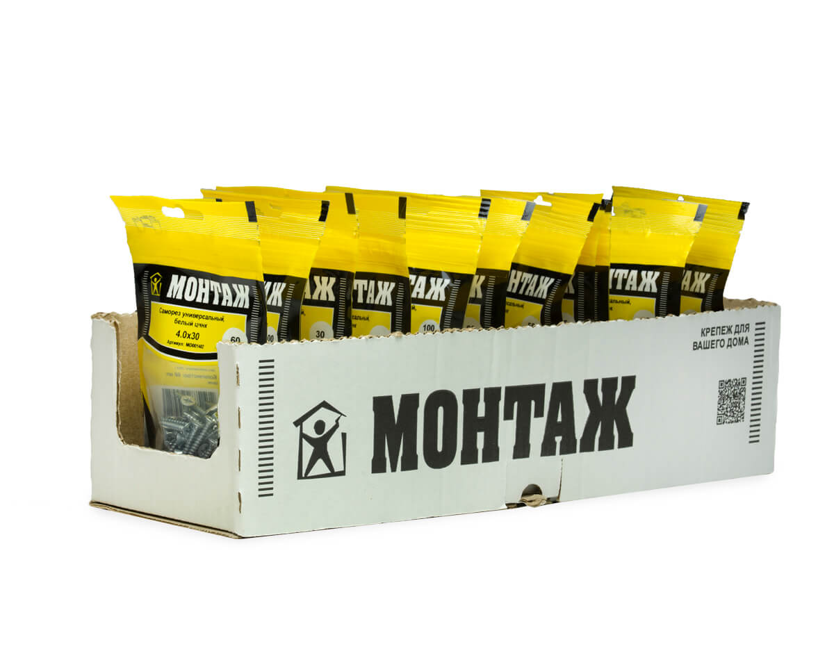 Саморез универсальный 4.0x30, белый цинк, дой-пак S, МОНТАЖ (пакет/60шт)